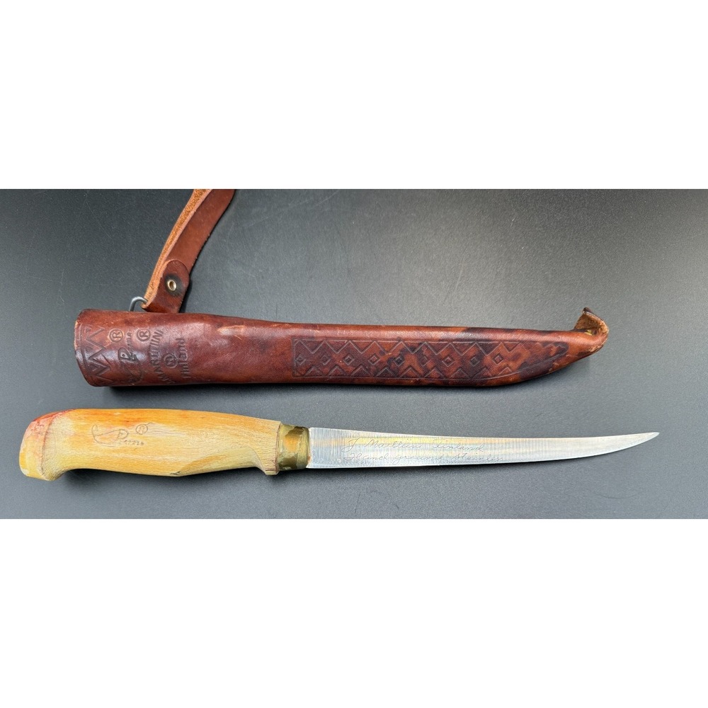 J Marttiini of Finland Filet Knife w/ Leather Sheath & Signed Blade - VTG